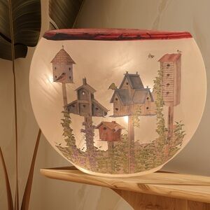 STONY CREEK Frosted Glass Lamp Birdhouses/Floral Motif Plug In NWT